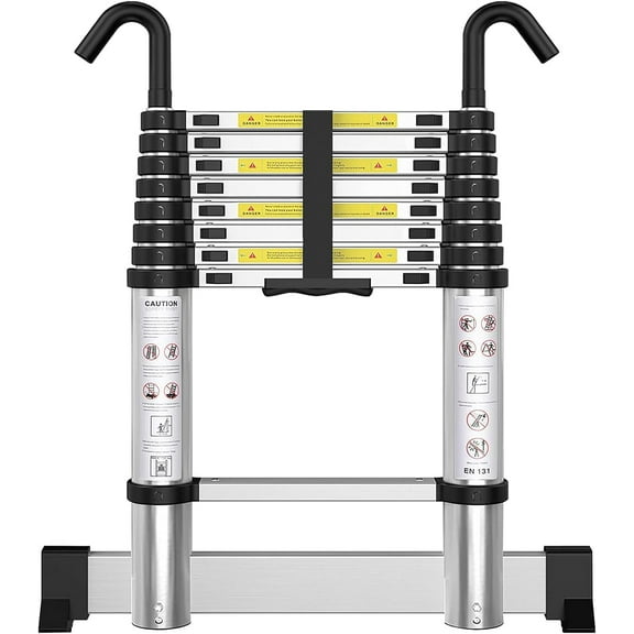 Telescoping Ladder with Hooks 8.5 FT - Aluminum Telescopic Ladder with Stabilizer - Retractable Extension Ladders for Home Loft Roof RV Work with EN131 Certification - 330lbs Max Capacity
