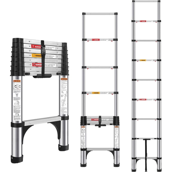 Telescoping Ladders 8.5 FT Stainless  Ladder - One-Button Retraction Telescopic Ladder for ,RV,Loft, Lasts 375 LBS with 2 Triangle Stabilizers