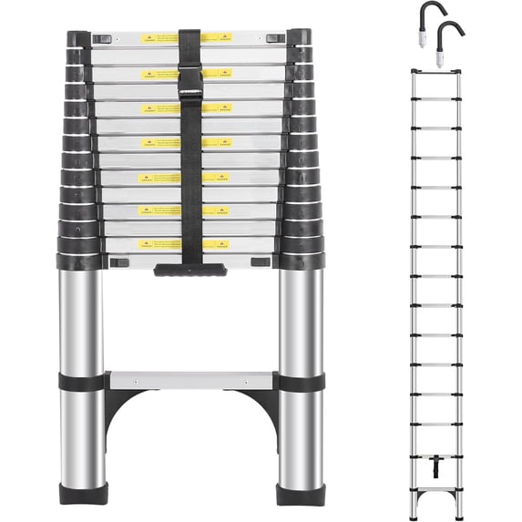 Telescoping Ladders FT Aluminum Ladder - -Button Retraction Extension Ladder for Home RV Attic &; Loft Lasts with Triangle Stabilizers and Detachable Hooks