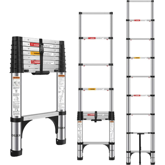 Telescoping Ladders FT Aluminum Ladder - -Button Retraction Extension Ladder for Home RV Attic &; Loft Lasts with Triangle Stabilizers and Detachable Hooks