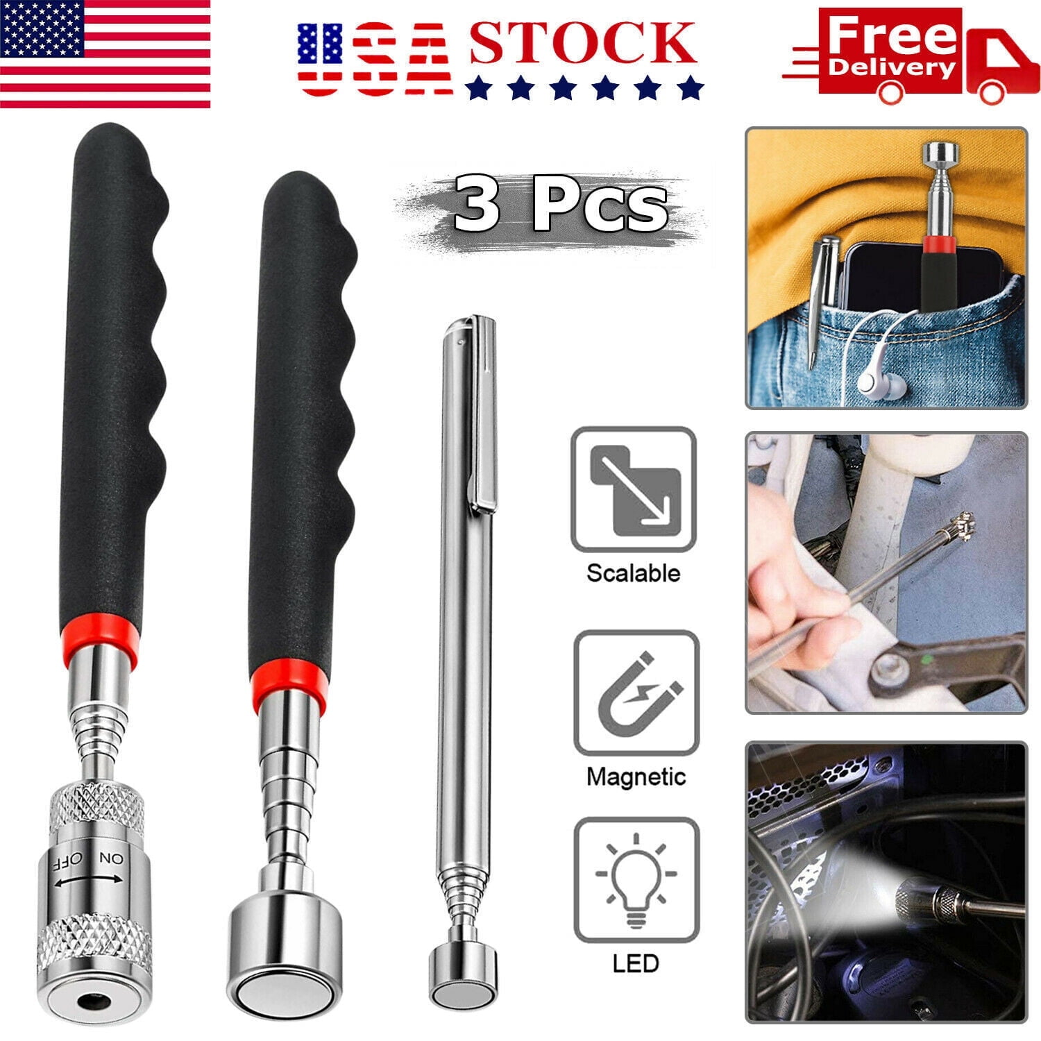 Telescoping Magnetic Pickup Tool 3 Pcs Magnet Extension Tool Telescoping Magnet Extendable Magnet Stick Gadget