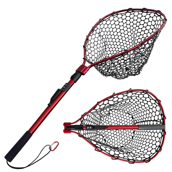 Telescoping Metal Lock Fishing Net With Handle Red Green 64" 52" Rubber Fish - Adjustable Length Lightweight Foldable Large Big Collapsible Extendable