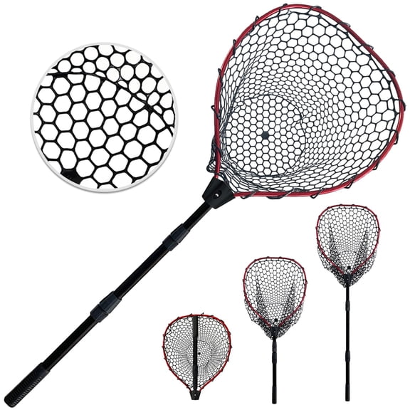 Telescoping Metal Lock Fishing Net With Handle Red Green 64" 52" Rubber Fish - Adjustable Length Lightweight Foldable Large Big Collapsible Extendable