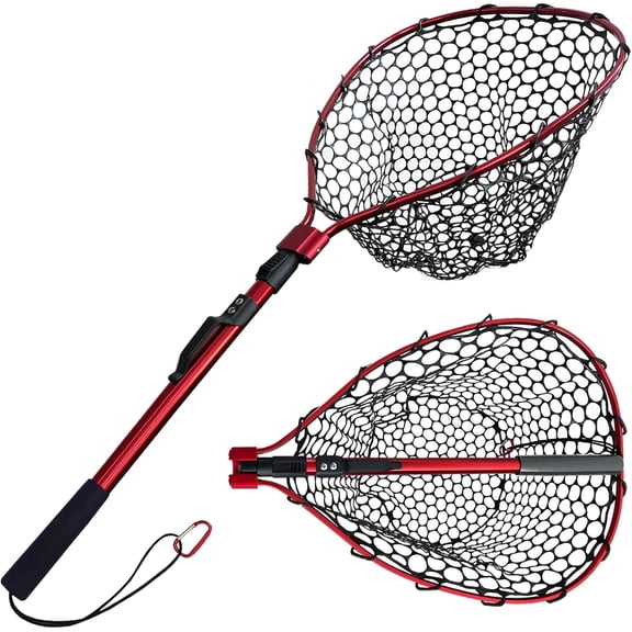 Telescoping Metal Lock Fishing Net with Handle Red Green 64" 52" Rubber Fish Net - Adjustable Length Lightweight Foldable Large Big Collapsible Extendable Fishing Net Red with red handle(fixed Pole)