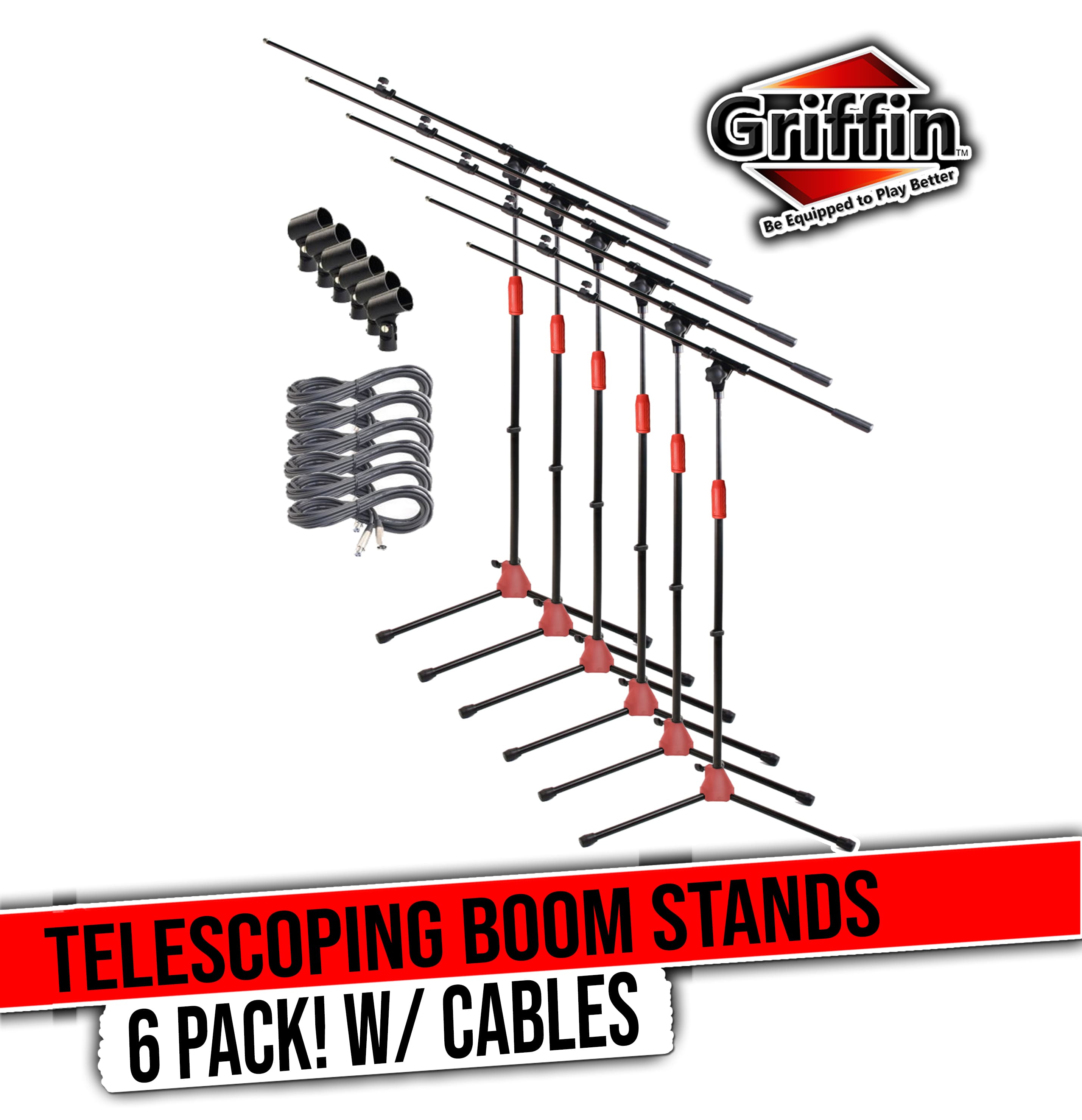 Telescoping Microphone Boom Stand with 20FT XLR Mic Cable & Clip (Pack of 6) by Griffin - Tripod Quality for Studio, Karaoke, Live Performances, Conferences, Studio 20 AWG Shielded Wire, 3-Pin
