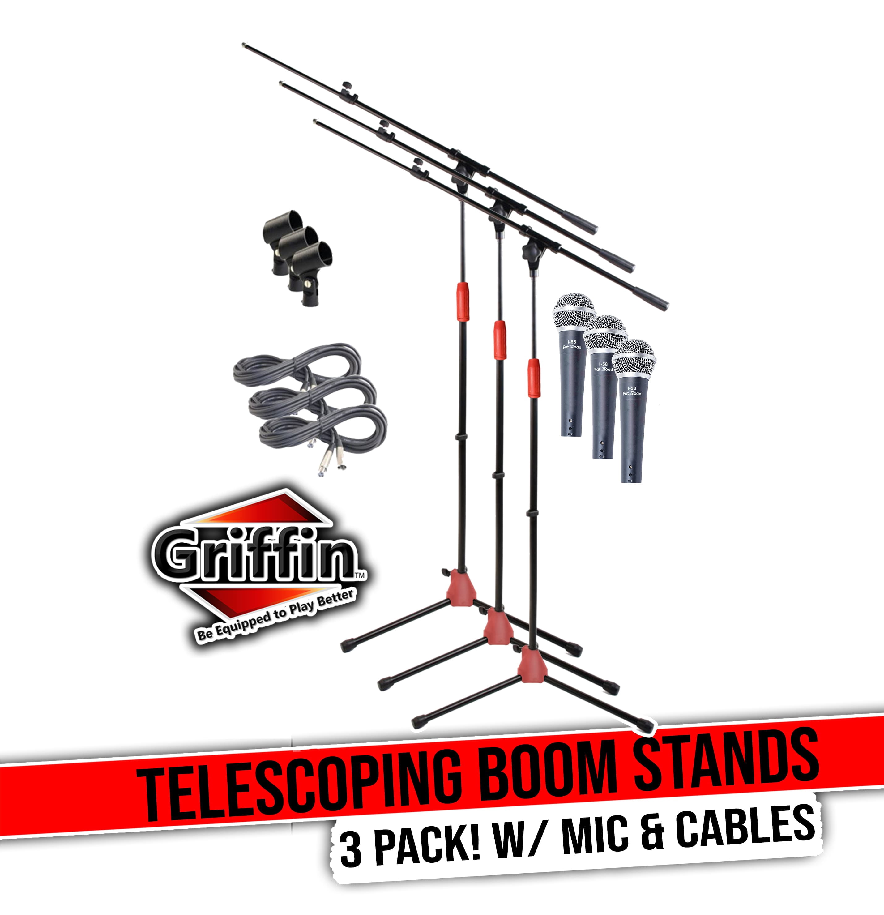 Telescoping Microphone Boom Stand (3 Pack) by Griffin - Professional Cardioid Dynamic Vocal Microphones with Clip - Studio Recording XLR Mic Cable Package