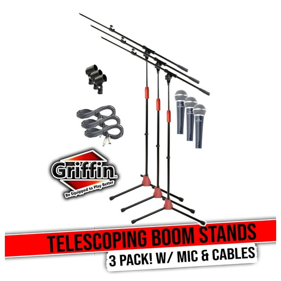 Telescoping Microphone Boom Stand (3 Pack) by Griffin - Professional Cardioid Dynamic Vocal Microphones with Clip - Studio Recording XLR Mic Cable Package