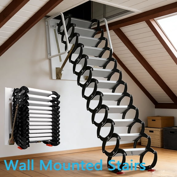 Telescoping Wall-Mounted Ladder (12 Steps)Handrails, Anti-Slip Design, Safety Lock, Perfect for Attic Indoor Outdoor Home Garage