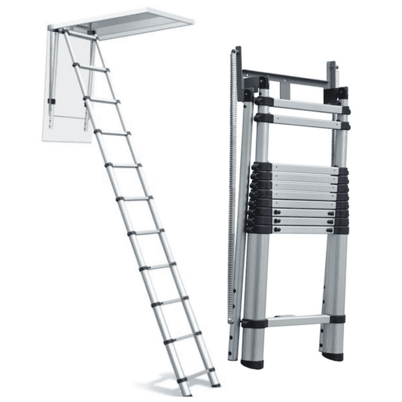 Telesteps 1000L Attic Ladder, Fits 8-10 ft Ceilings, Telescoping Aluminum Loft Access Ladder, 300 lb Capacity