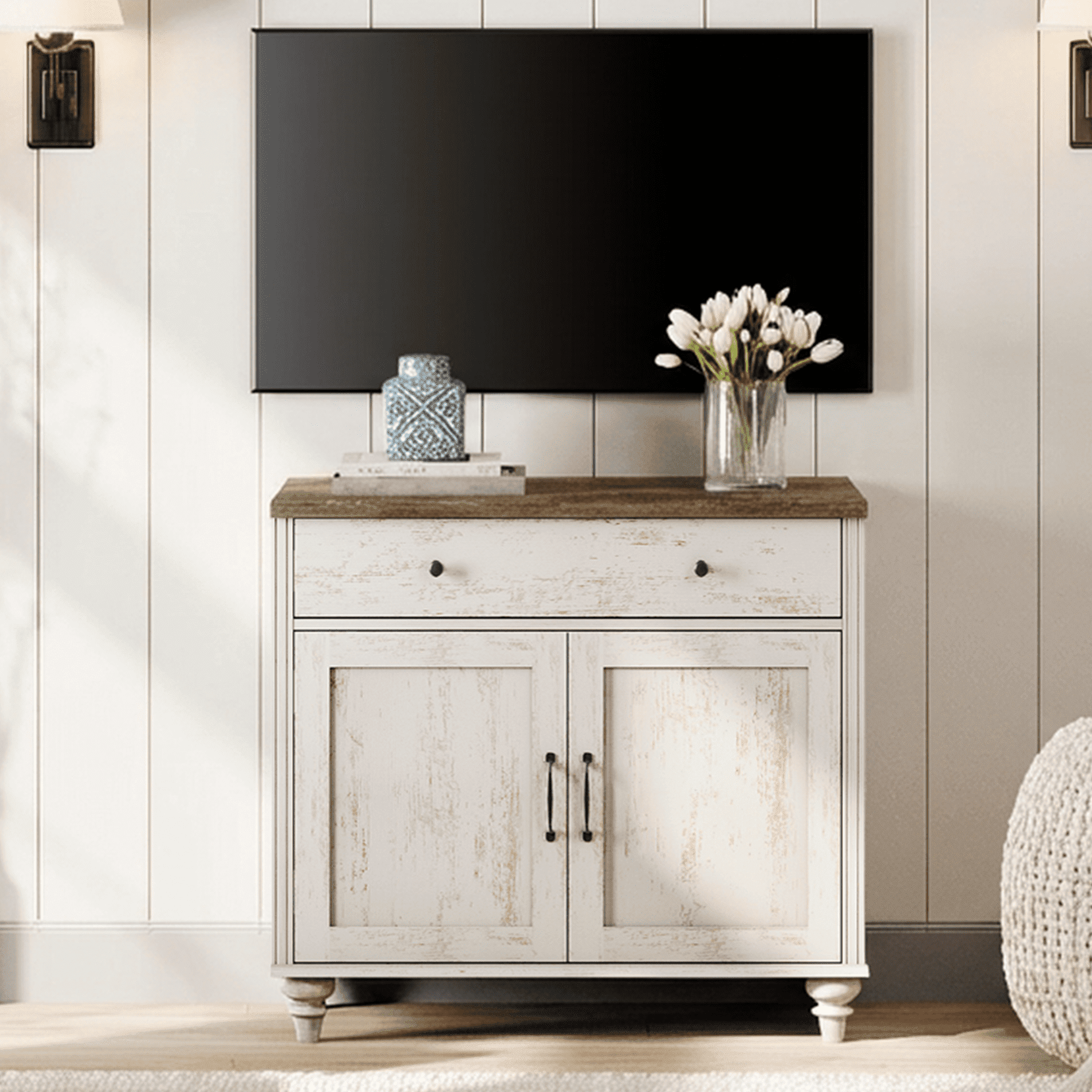 WAMPAT Farmhouse Rustic White TV Stand for 43 inch TV with 2 Doors and Wooden Drawer, Vintage Universal TV Stands with Storage Cabinets, Entertainment Center TV Console Table for Living Room, Bedroom