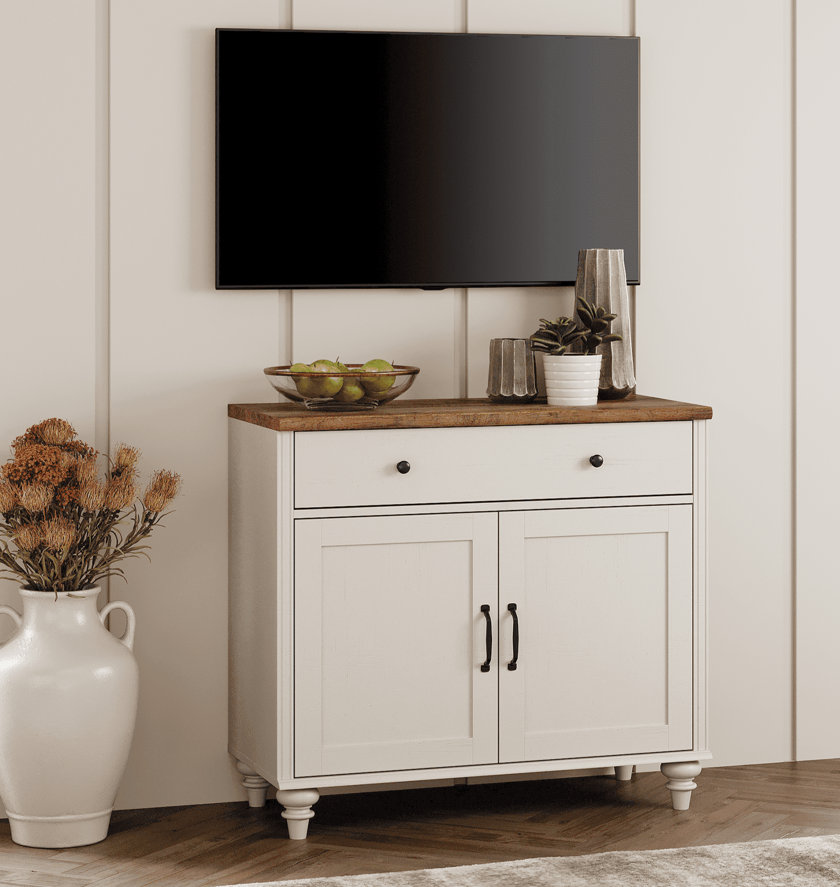 WAMPAT Farmhouse White TV Stand for 43 inch TV with 2 Doors and Wooden Drawer, Wood Universal TV Stands with Storage Cabinets, Entertainment Center TV Console Table for Living Room, Bedroom