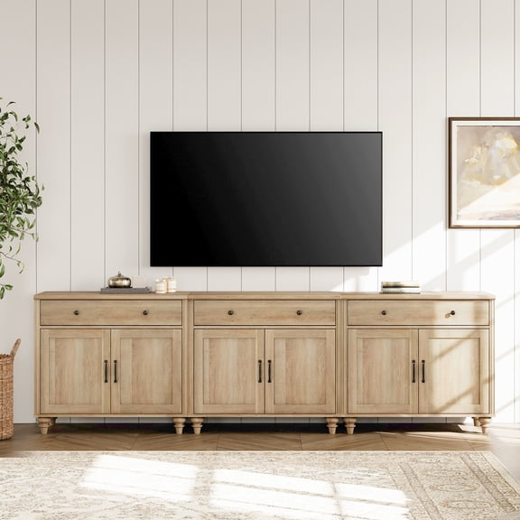 WAMPAT TV Stand for 100 Inch TV, 3-in-1 TV Console Table for 75/85/90/100 Inch TV, Entertainment Center with 3 Drawers and 6 Doors, Kitchen Sideboard Buffet Cabinet, Light Oak