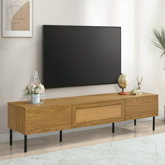 Boho TV Stand for TVs up to 80", Modern Farmhouse Media Console with 3 Storage Cabinets, Wood & Rattan Entertainment Center for Living Room