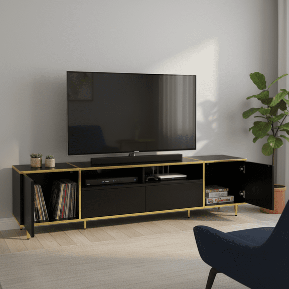 70.9'' Modern TV Stand for up to 80 Inch TVs, Entertainment Center with LED Lights, 2 Cabinets & 2 Drawers, Black