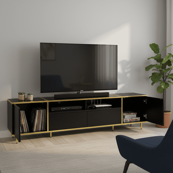 70.9'' Modern TV Stand for up to 80 Inch TVs, Entertainment Center with LED Lights, 2 Cabinets & 2 Drawers, Black