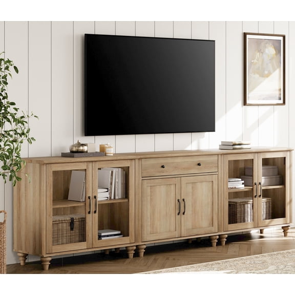 Television Stands for 100 inch TV with Glass Doors, Morden Entertainment Center TV Console Table for Living Room, Bedroom, Office, Oak