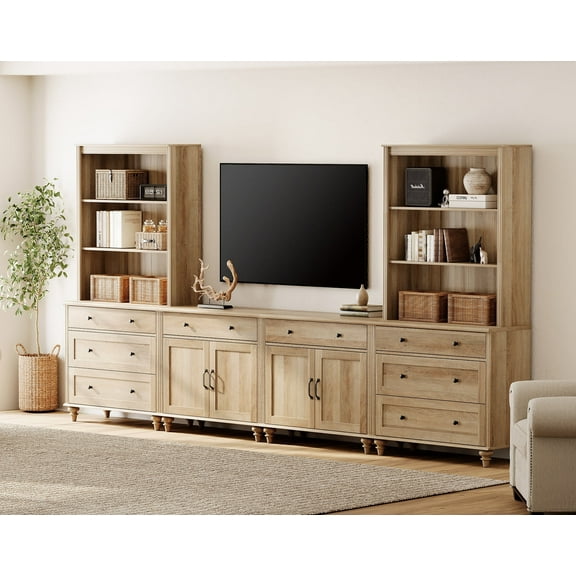 Television Stand with Bookshelves for TVs up to 75", Farmhouse Wall Unit TV Stand with Doors & Drawer, Media Console Table for Living Room, Bedroom & Home Theater, Oak