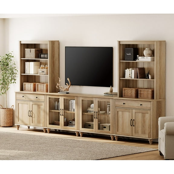 Television Stand with Bookshelves for TVs up to 75", Farmhouse Wall Unit TV Stand with Glass Doors & Drawer, Media Console Table for Living Room, Bedroom & Home Theater, Oak