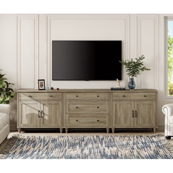 WAMPAT Farmhouse TV Stand for 100 Inch TV, 3-in-1 TV Console Table with 5 Drawers and 4 Doors, Entertainment Center for 75-90 Inch TV, Kitchen Sideboard Buffet Cabinet for Dining Room, Wash Grey