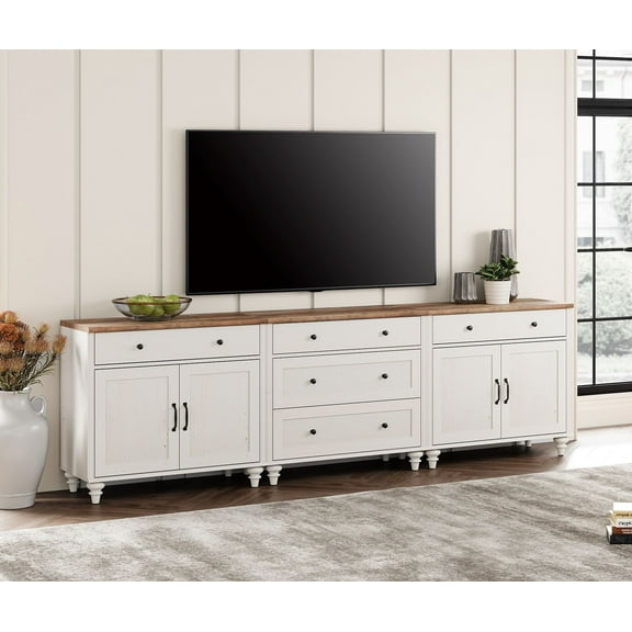 WAMPAT Farmhouse TV Stand for 100 Inch TV, 3-in-1 TV Console Table with 5 Drawers and 4 Doors, Entertainment Center for 75/80/85/90 Inch TV, Kitchen Sideboard Buffet Cabinet for Dining Room, White