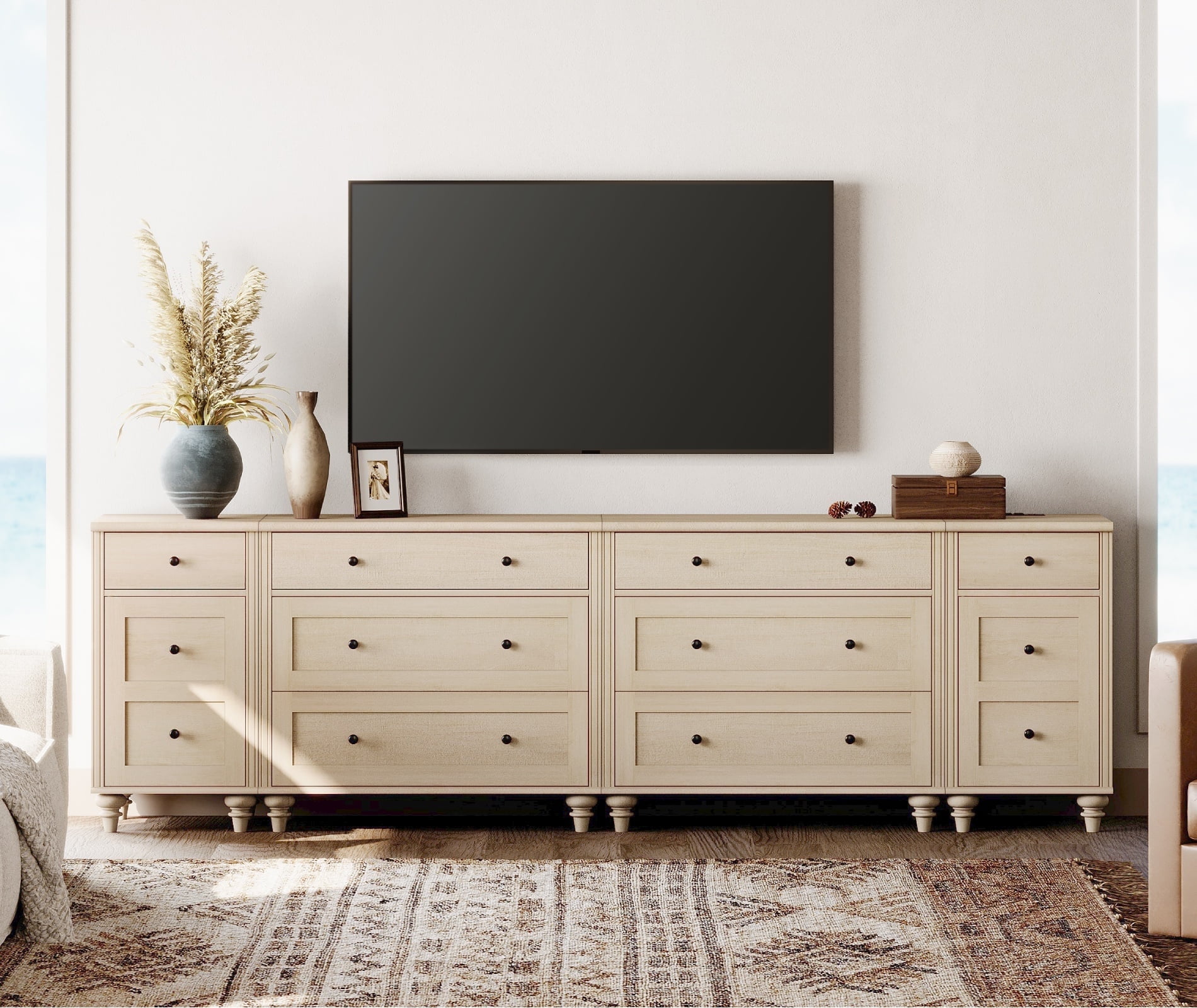 WAMPAT Farmhouse TV Stand for 100 Inch TV, 3-in-1 TV Console Table with 8 Drawers and 2 Storages, Entertainment Center with Charging Station for Living Room, Beige