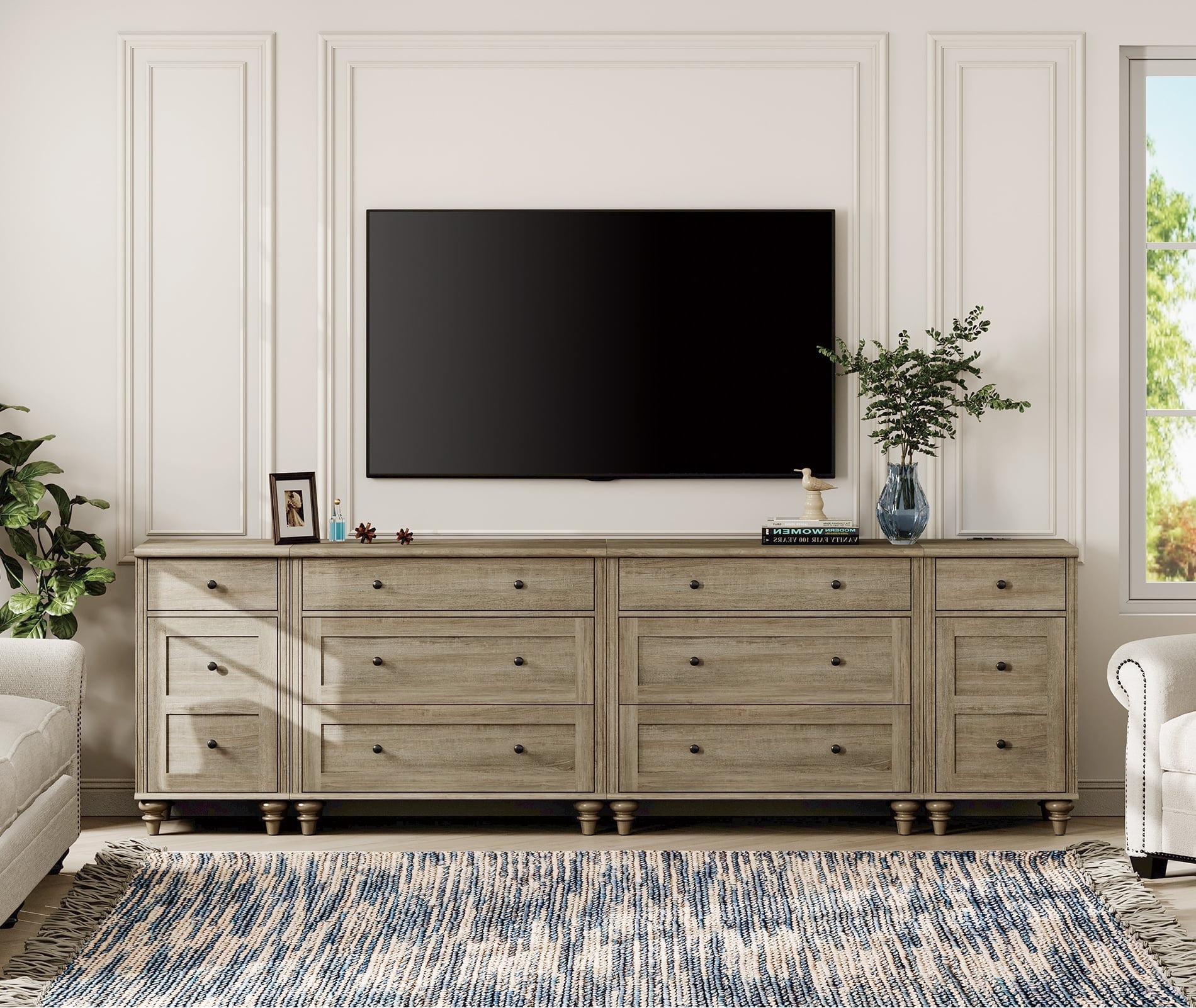 WAMPAT Farmhouse TV Stand for 100 Inch TV, 3-in-1 TV Console Table with Drawers and Ample Storages, Entertainment Center with Charging Station for Living Room, Wash Grey