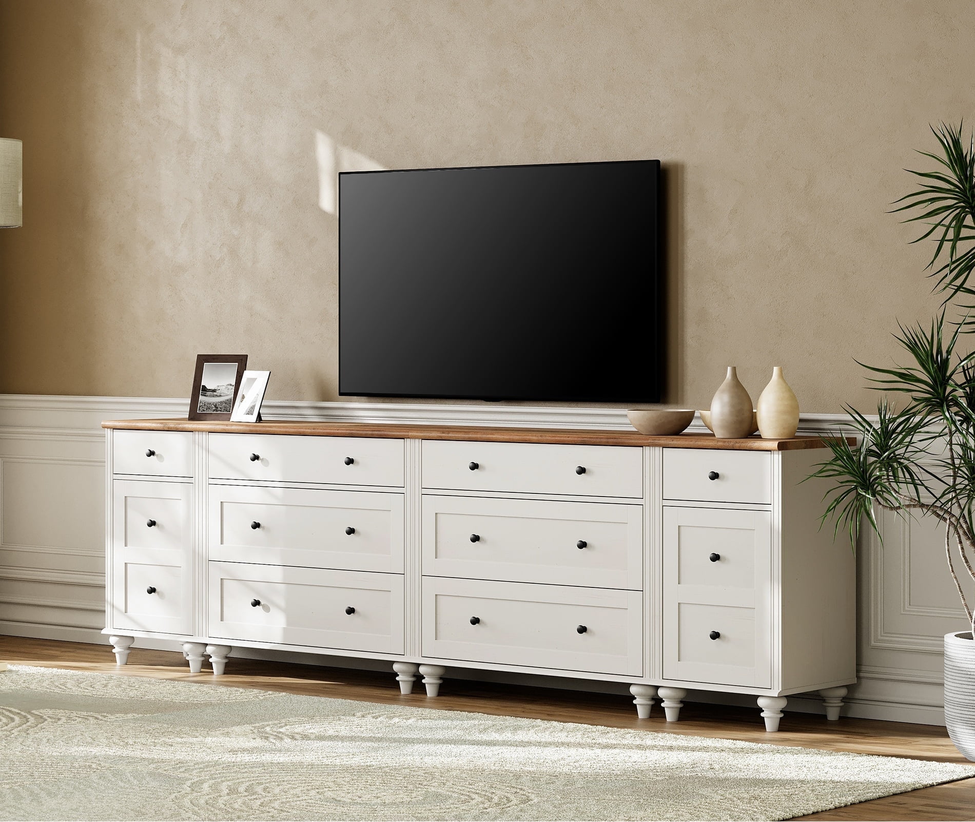 WAMPAT Farmhouse TV Stand for 100 Inch TV, 3-in-1 TV Console Table with Drawers and Ample Storages, Entertainment Center with Charging Station for Living Room, White
