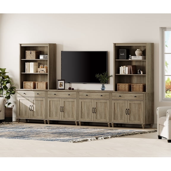 WAMPAT Television Stands with Bookshelves for TVs up to 75", Farmhouse Wall Unit TV Stand with 8 Doors & 4 Drawer, Media Console Table for Living Room, Bedroom & Home Theater, Wash Grey