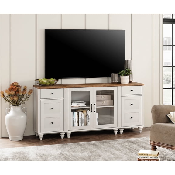 WAMPAT TV Stand for 75 Inch TV, Wooden TV Cabinet Entertainment Center with Charging Station, Glass Door Buffet Cabinet for Dining Room, White