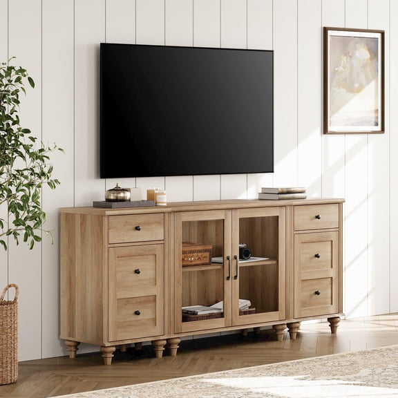 WAMPAT TV Stand for 75 Inch TV, Wooden TV Cabinet Entertainment Center with Charging Station, Glass Door Buffet Cabinet for Dining Room, Oak