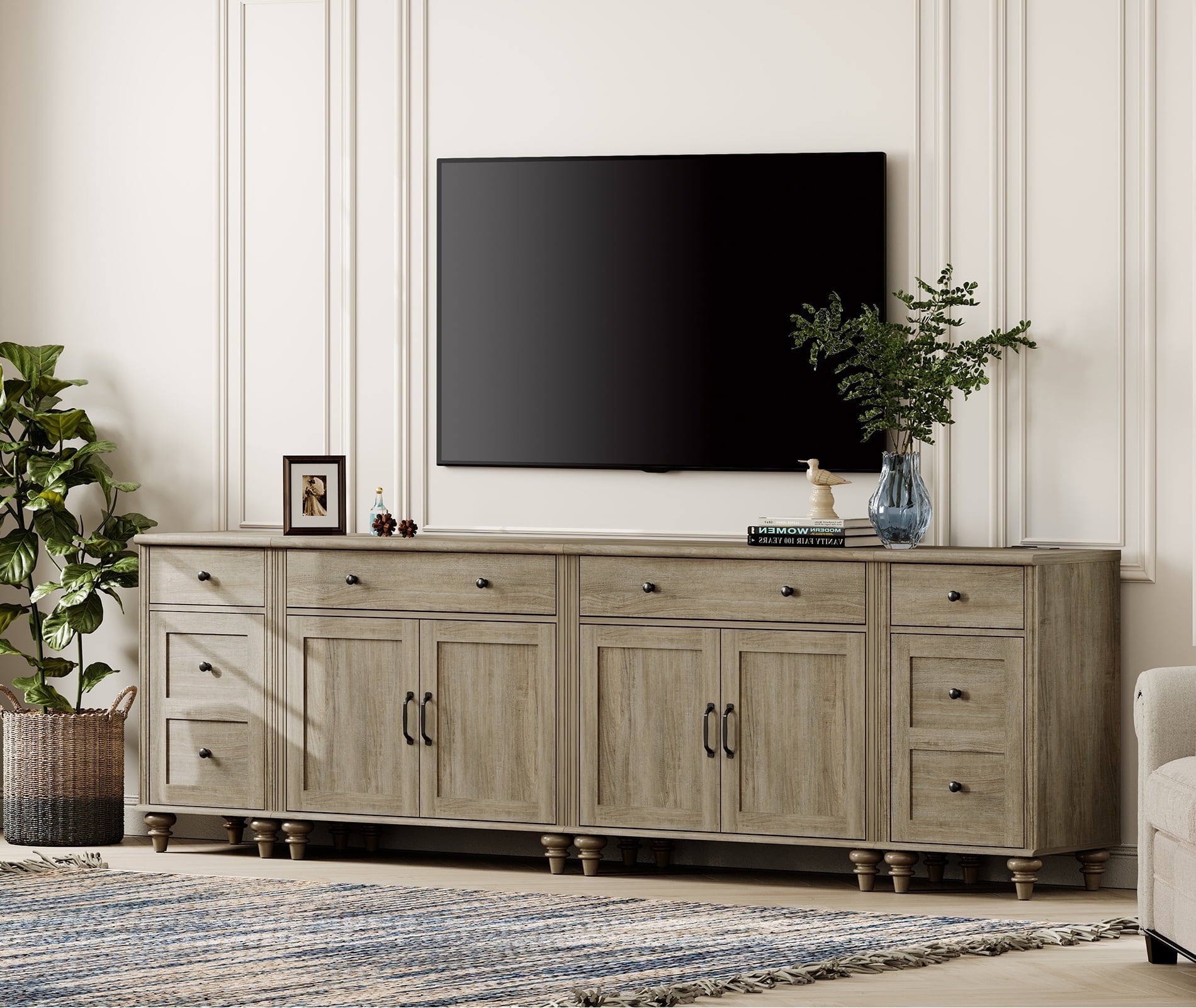 WAMPAT TV Stand for 100 Inch TV, 4-in-1 TV Console Table for 75/80/85/90 Inch TV, Farmhouse Entertainment Center with Charging Station, Kitchen Sideboard Buffet Cabinet for Dining Room, Wash Grey