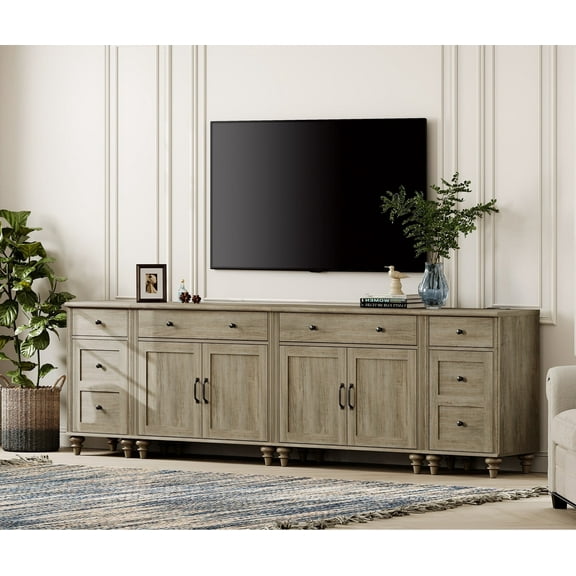 WAMPAT TV Stand for 100 Inch TV, 4-in-1 TV Console Table for 75/80/85/90 Inch TV, Farmhouse Entertainment Center with Charging Station, Kitchen Sideboard Buffet Cabinet for Dining Room, Wash Grey