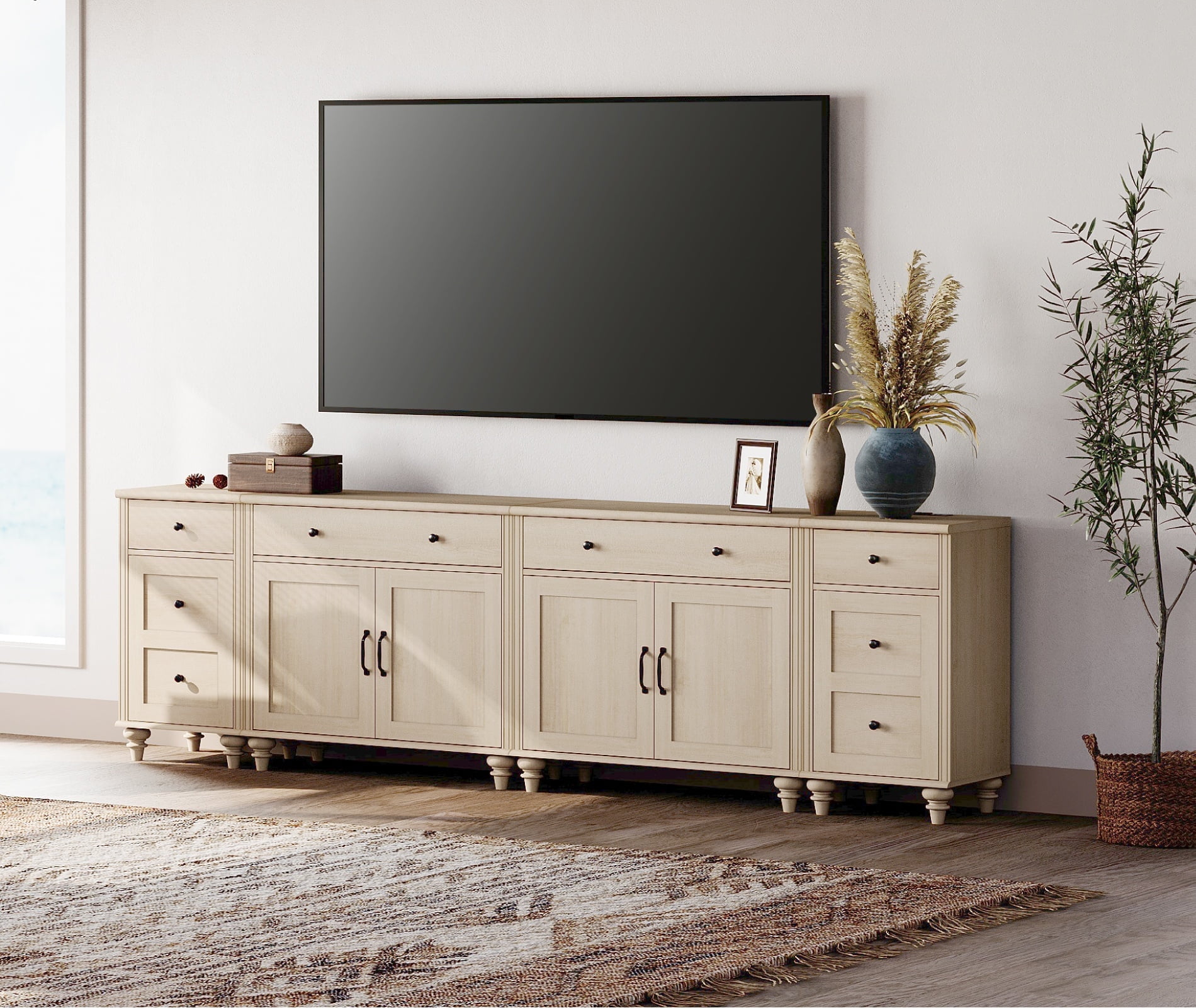 WAMPAT TV Stand for 100 Inch TV, 4-in-1 TV Console Table for 75/80/85/90 Inch TV, Farmhouse Entertainment Center with Charging Station, Kitchen Sideboard Buffet Cabinet for Dining Room, Beige