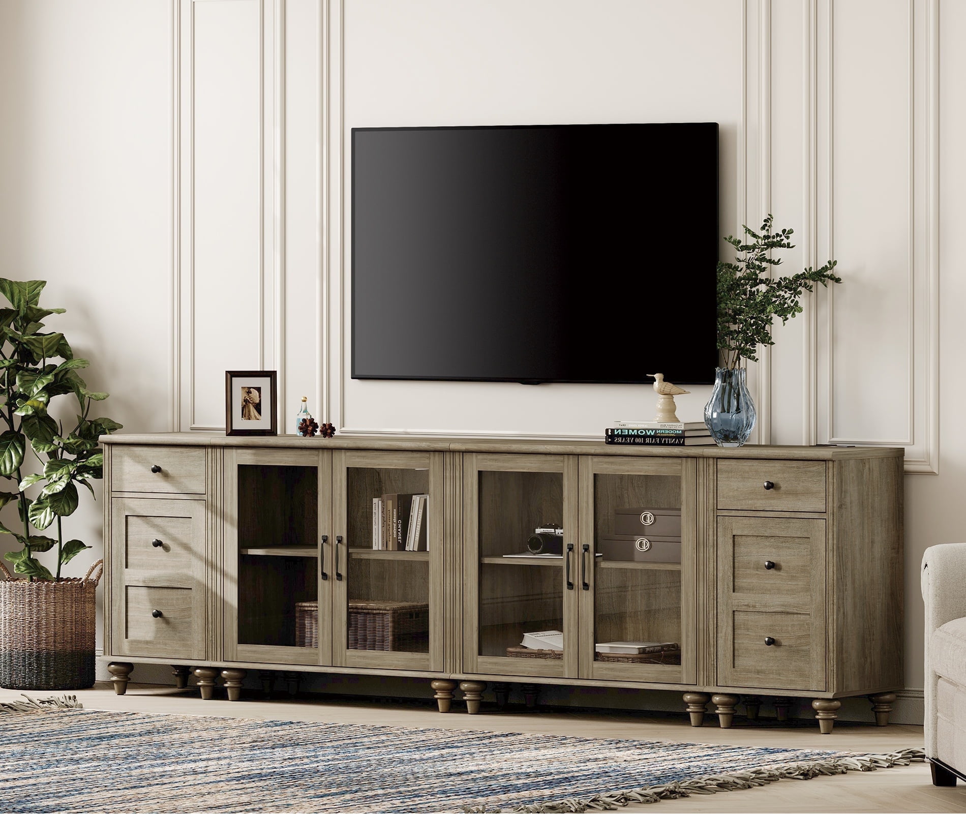 WAMPAT TV Stand for 100 Inch TV, TV Console Table for 85 90 95 Inch TV, Farmhouse Entertainment Center with Charging Station & Glass Door, Kitchen Sideboard Buffet Cabinet for Dining Room, Wash Grey