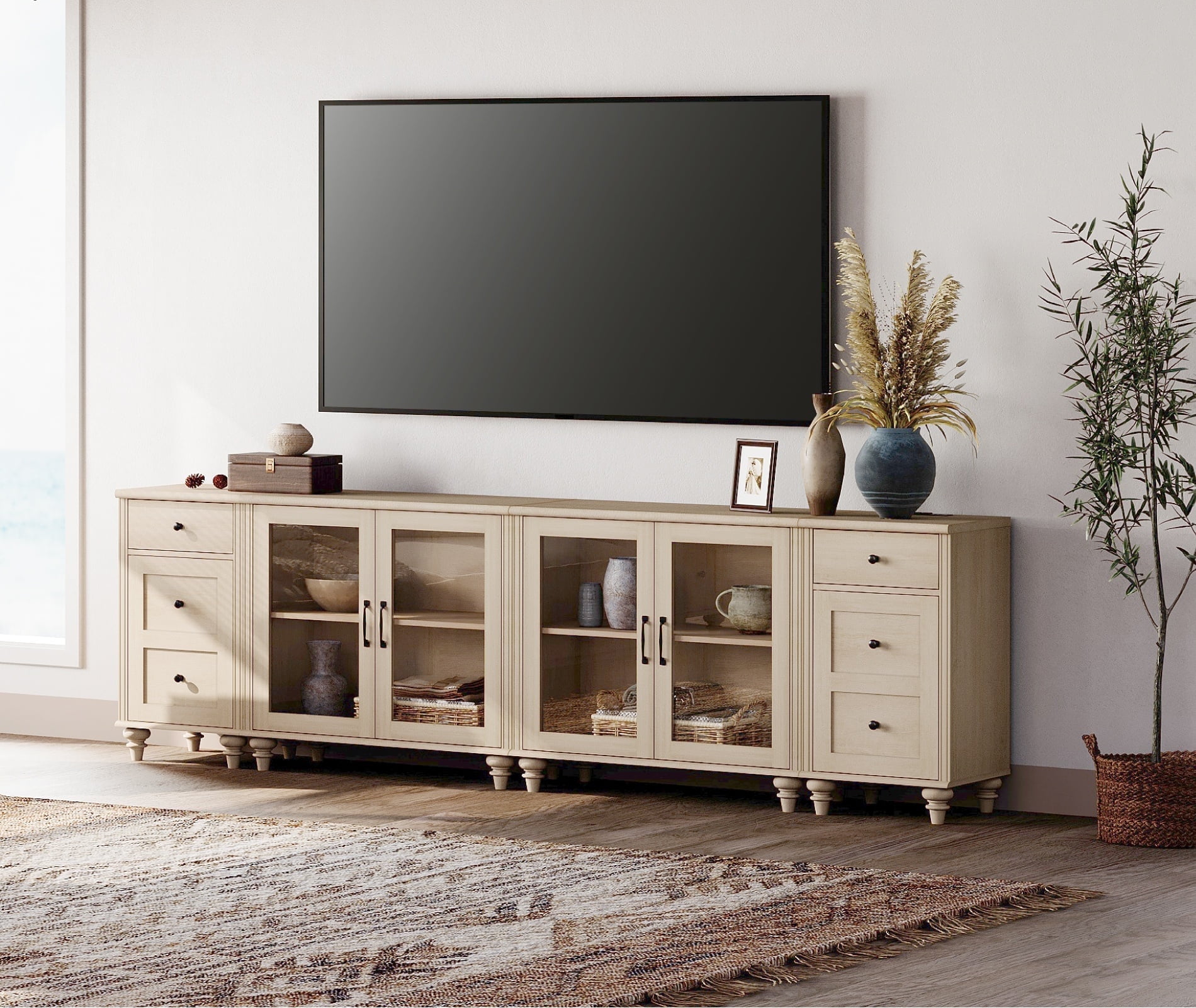 WAMPAT TV Stand for 100 Inch TV, Wood TV Console Table for 85 90 95 Inch TV, Entertainment Center with Charging Station & Glass Door, TV Stand for Dining Room, Beige