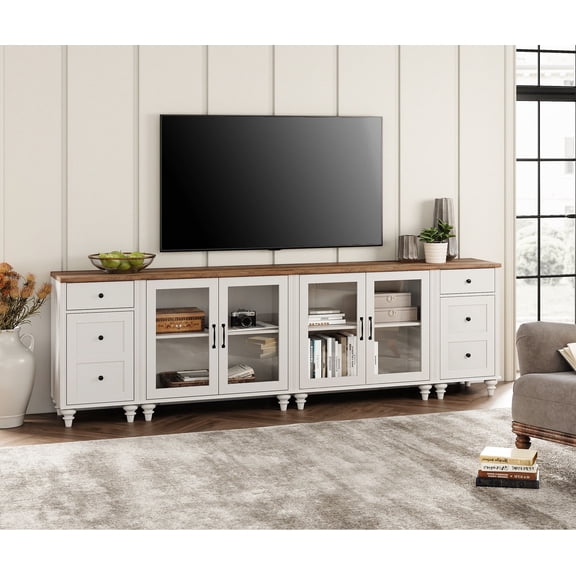 WAMPAT TV Stand for 100 Inch TV, LED TV Console Table for 85 90 95 Inch TV, Entertainment Center with Charging Station & Glass Door, Kitchen Sideboard Buffet Cabinet for Dining Room, White
