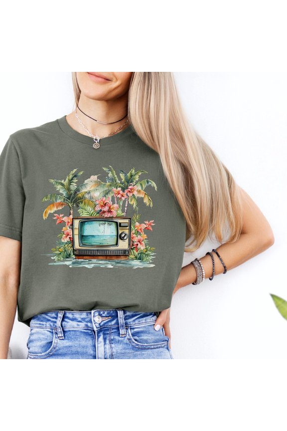 Television Tropical Shirt Retro TV Graphic Unisex Shirt for Nostalgic Vacation Dreamers Wa