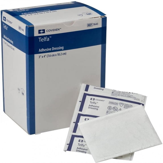 Telfa Adhesive Dressing, 3 X 4 Inch, Film / Cotton, Rectangle, White, Sterile, Box of 100