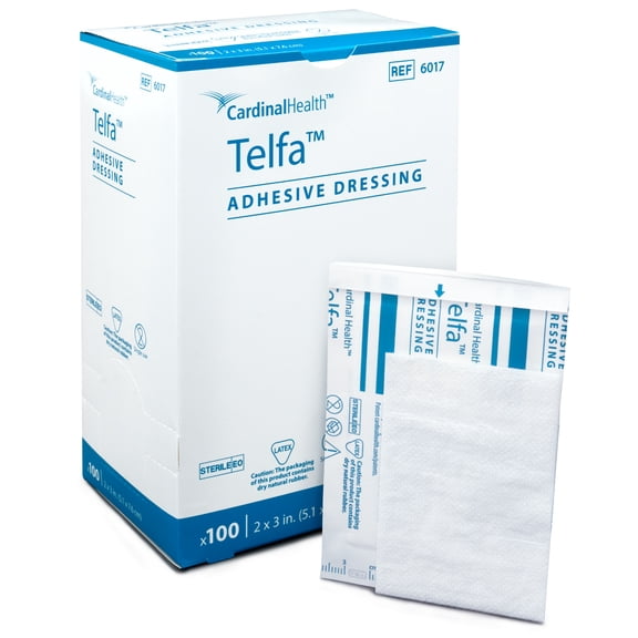 Telfa Adhesive Dressings Ouchless, 2 x 3 - Sterile, NonAdherent Absorbent Cotton Pad with Adhesive Strips, Primary Dressing for Lightly Draining Wounds, EasyDispense Box, 6017 (Box of 100)