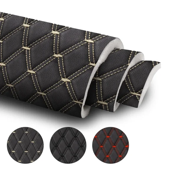 Telimocy 63" W Faux Leather Diamond Quilted Auto Headliners Fabric for Car Upholstery Seats Door Panel Furniture Sofa Headboards DIY, 0.24" Foam Padded Backing Material Black 3 Yard