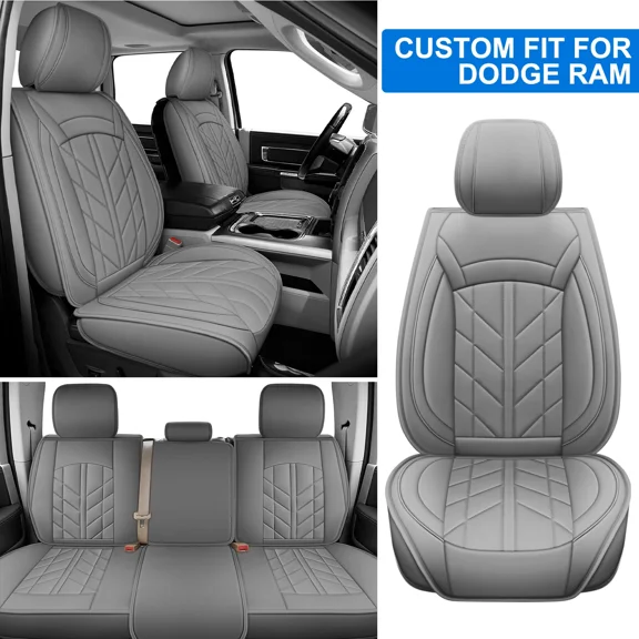 Telimocy Car Seat Covers Custom Fit for Dodge Ram 1500 2500 3500 2009-2023 with Flat Rear Bench, 5 Seat Full Set Pickup Truck PU Leather Cushion Protector Gray