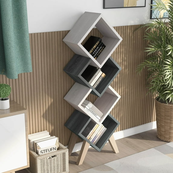 Telle 4-Shelf Wood White Oak and Distressed Gray Bookcase