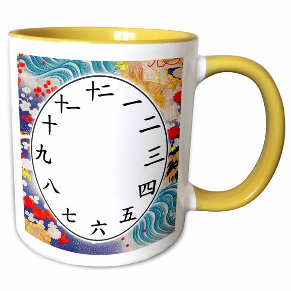 3drose, Telling the Time in Japanese Clock Face - Kanji Numbers - Blue Waves, 15oz Two-tone Yellow Mug