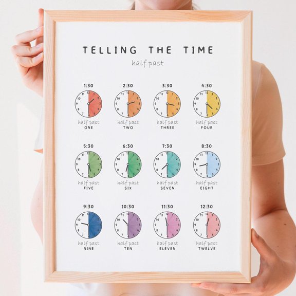 Telling The Time Poster Half Past Educational Poster Rainbow Playroom Print Montessory Materials Classroom Decor Wall Art