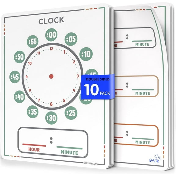 Scribbledo Telling Time Dry Erase Sheets, Learning Clock Whiteboards for Students, 9” x 12”, 10-Pack