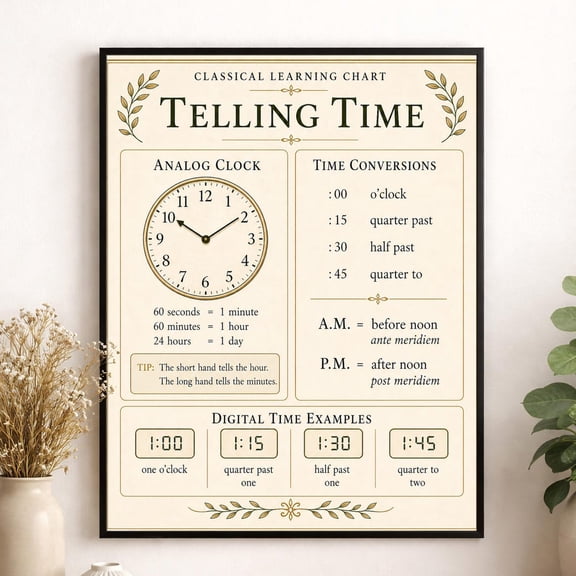 Telling Time Chart Wall Art Print, Unframed Paper Poster 8x10in