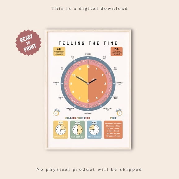Telling Time Printable ,Learning Clock Poster ,Homeschool ,Educational Poster, Montessori ,Playroom Decor .Classroom Posters , Wall Art, Unframed Paper Poster 8x10in