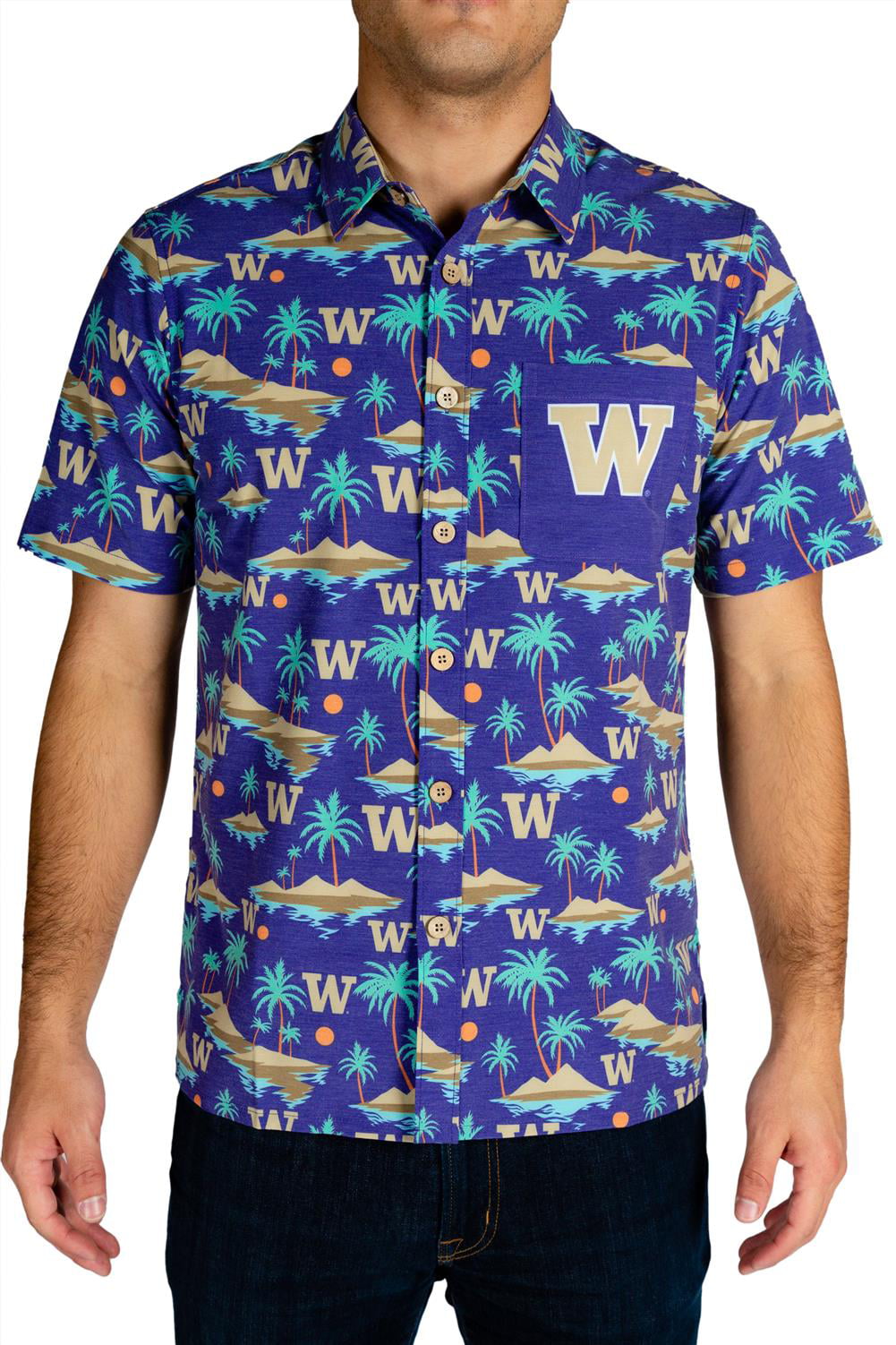 Tellum and Chop Men's University of Washington Hawaiian Shirt Palm