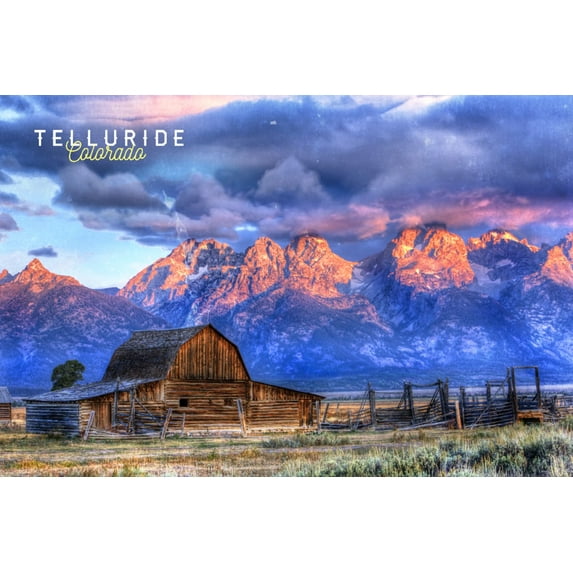 Telluride, Colorado, Barn and Mountain Range at Sunset (9x12 Wall Art Print, Home Decor)