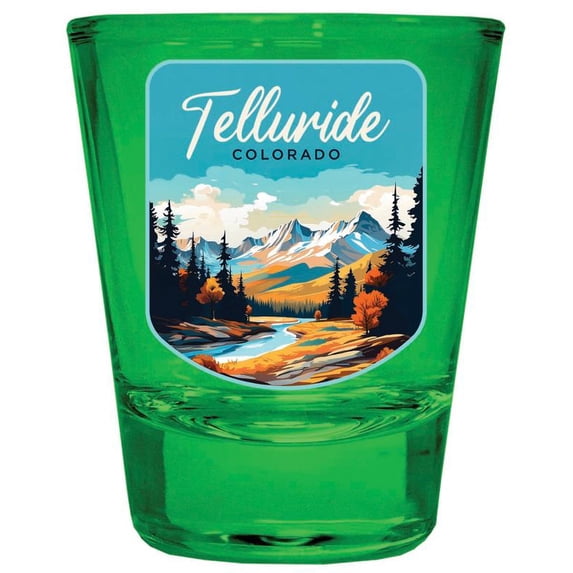 Telluride Colorado Design B Souvenir Full Color 2 oz Round Shot Glass Green